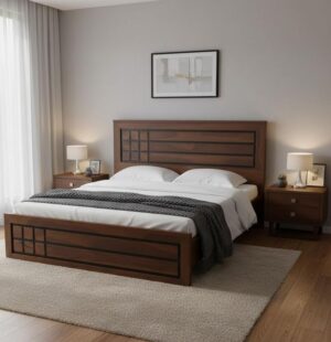 Handcrafted Solid Teak Wood King Bed Frame_ Minimalist Grid Design Customization Available King Size Cot